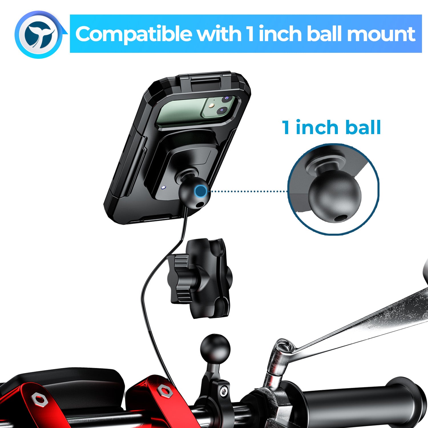 Orcas Motorbike Phone Holder Waterproof with Wireless Charger - 1 inch ball mount