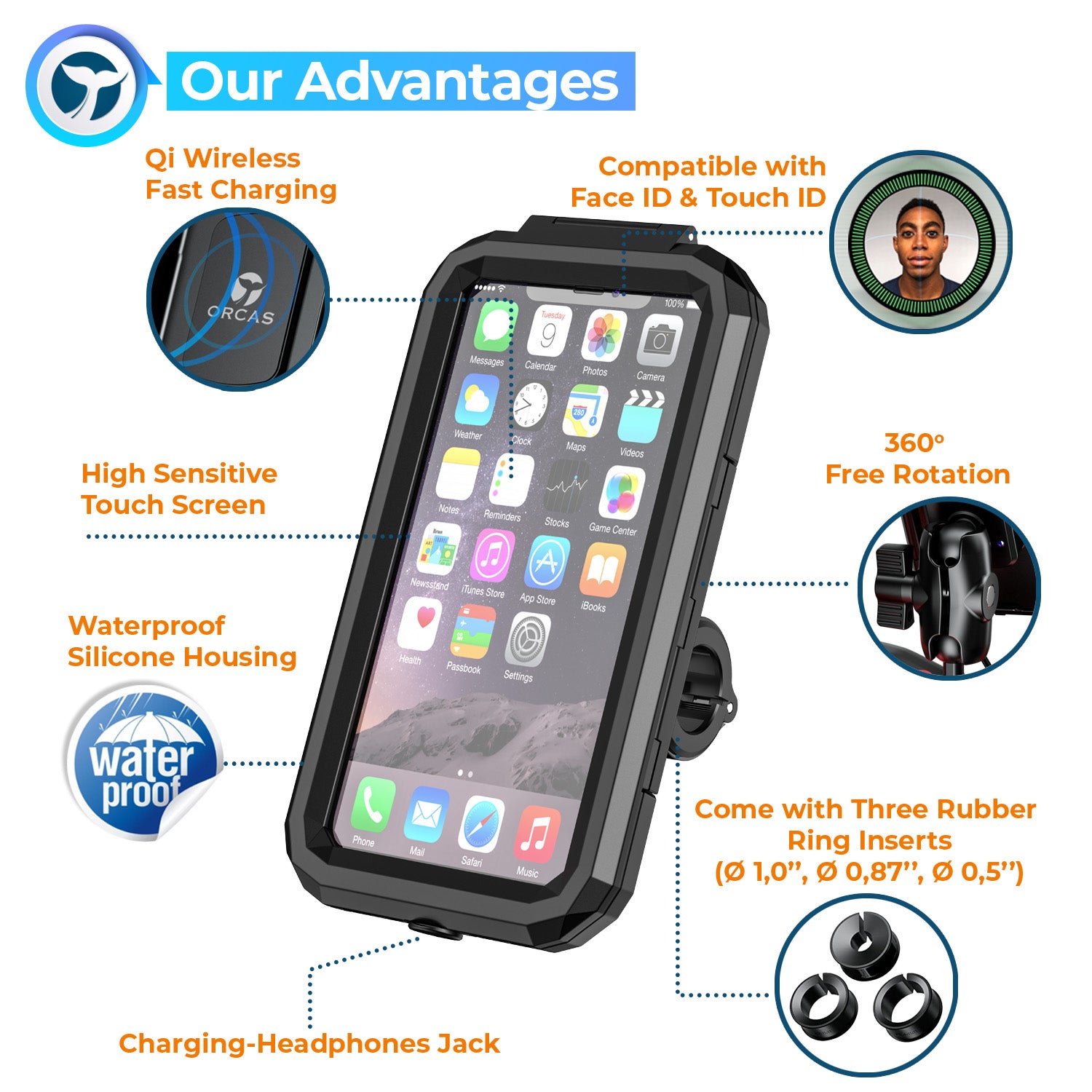 Orcas Motorbike Phone Holder Waterproof with Wireless Charger - 1 inch ball mount