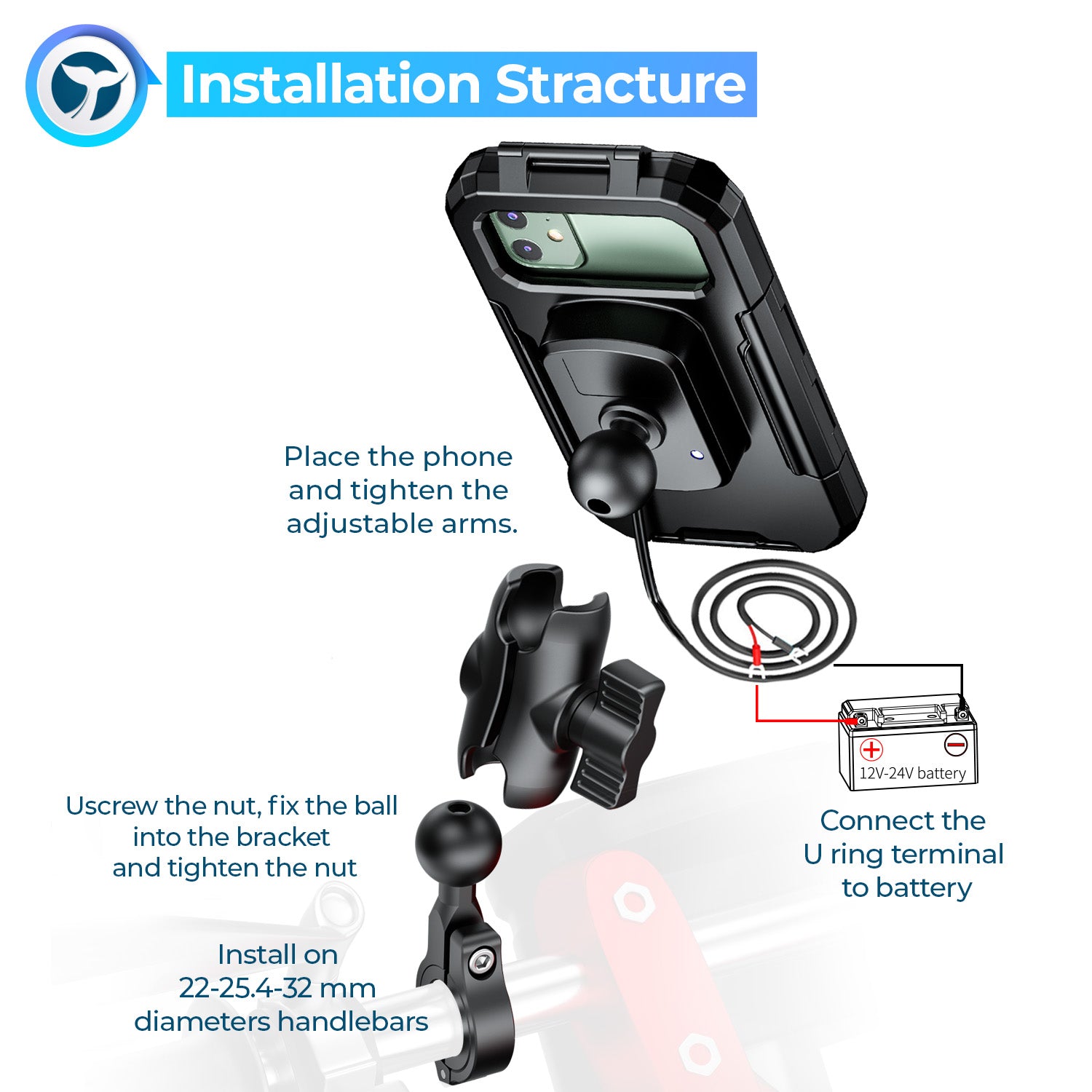 Orcas Motorbike Phone Holder Waterproof with Wireless Charger - 1 inch ball mount