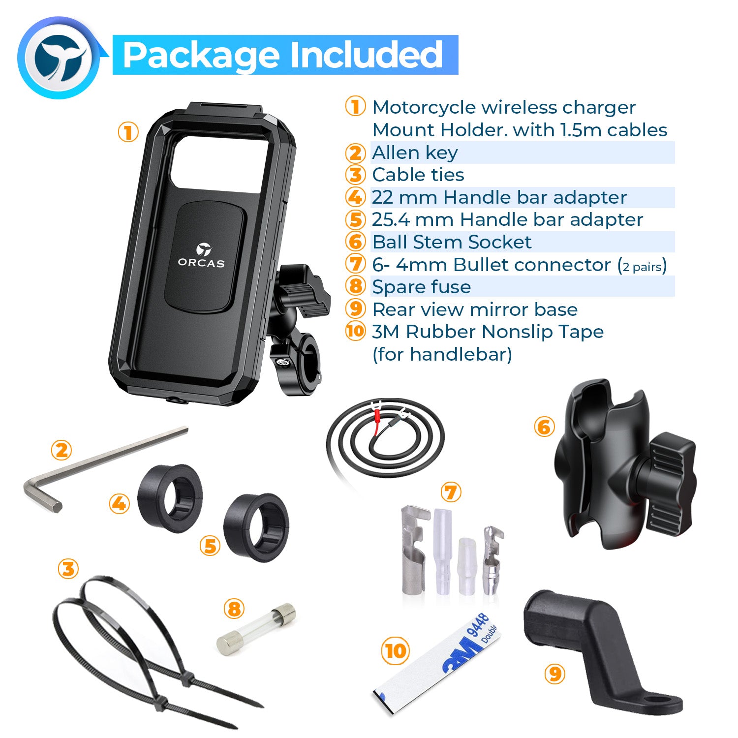 Orcas Motorbike Phone Holder Waterproof with Wireless Charger - 1 inch ball mount