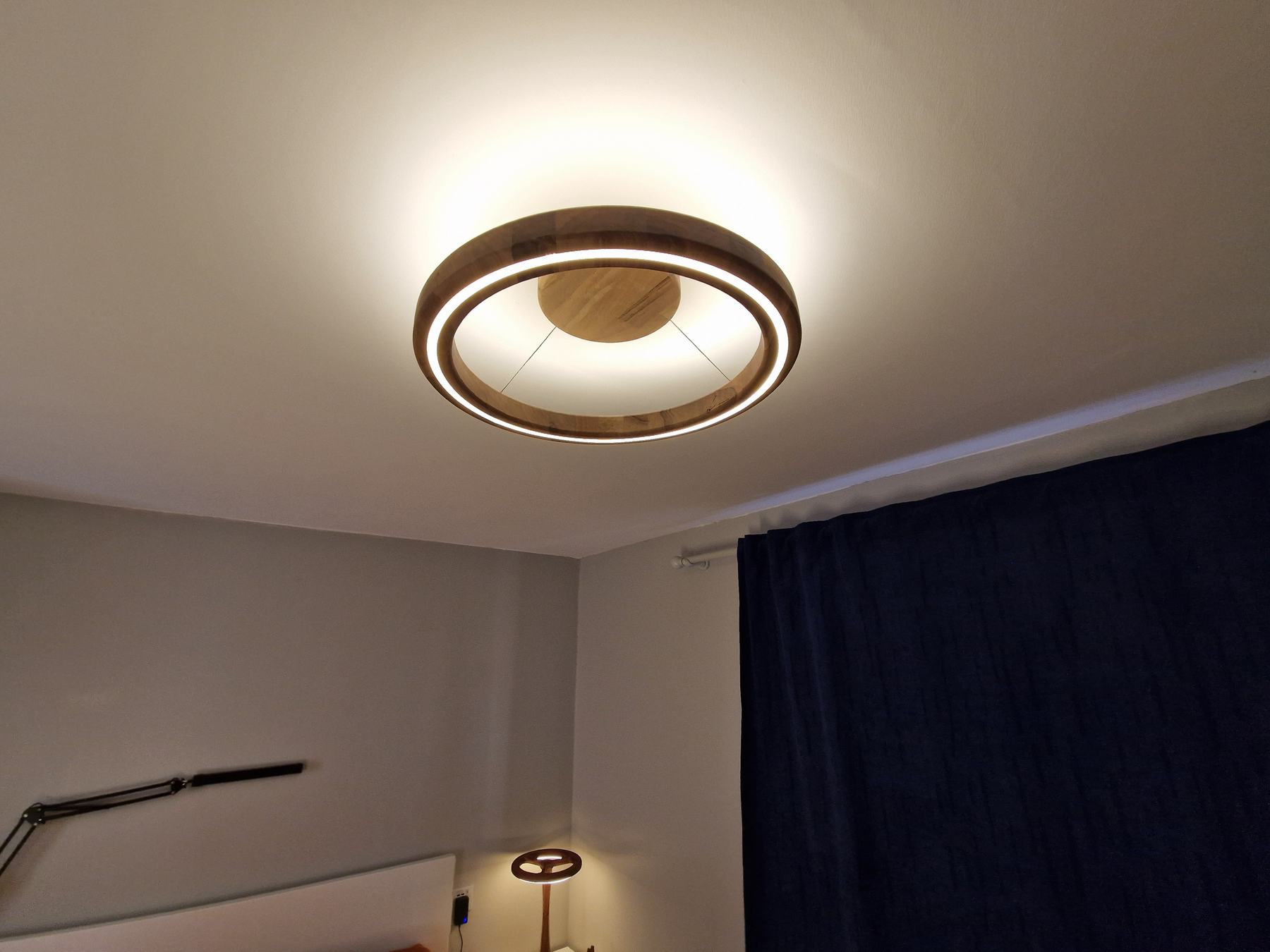 Handcrafted Walnut Wooden LED Ceiling Flush Mount Lamp with Dimmable Warm Light (remote control)